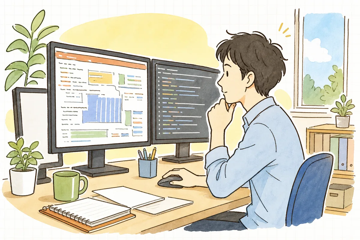 「502 Bad Gateway」の画面を前に、nginxのエラーログを開いてどこから原因を追うか落ち着いて考えている一人運用の保守担当者
