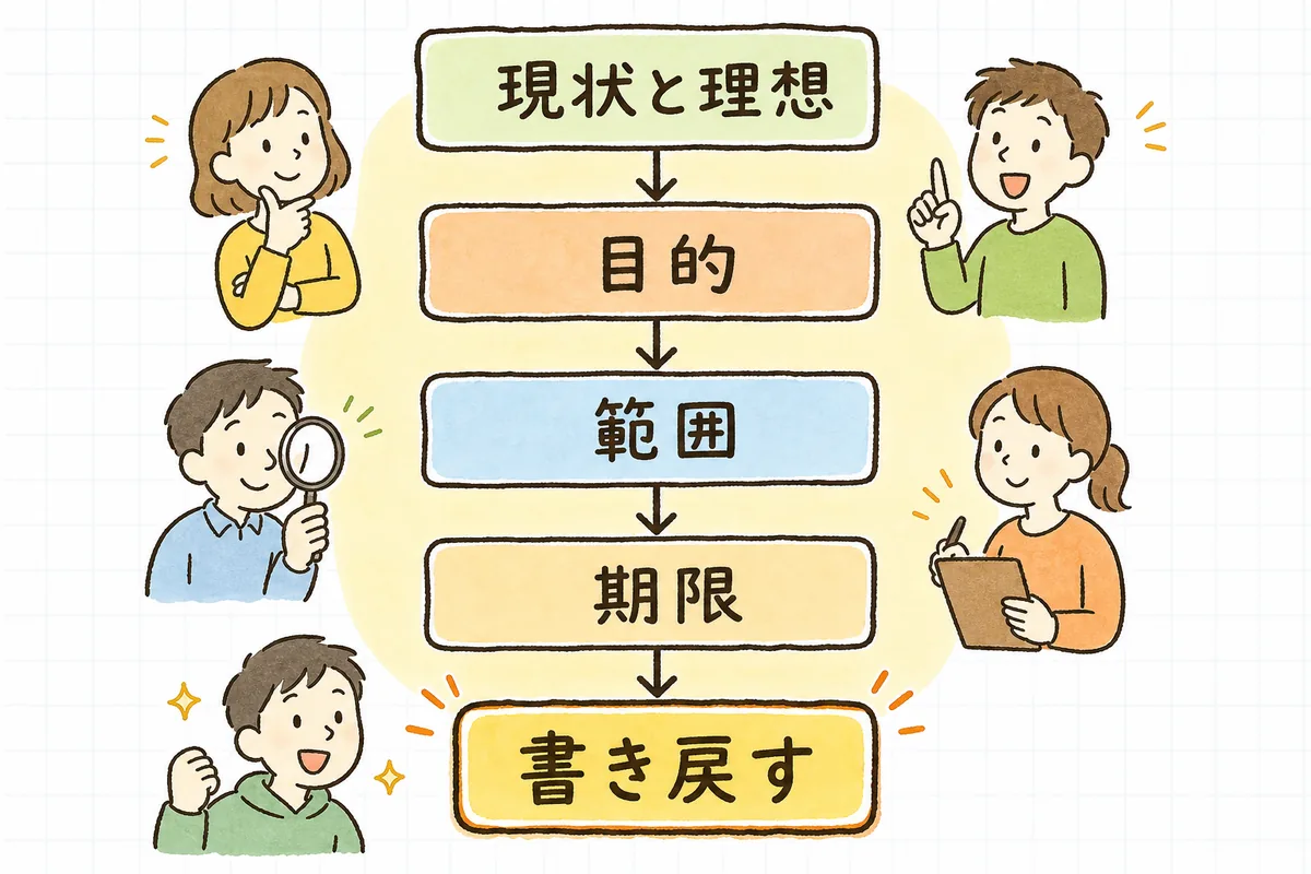 現状と理想・目的・範囲・期限と確認者・書き戻して確認、という5つの質問を上から順にたどるヒアリングの流れ図