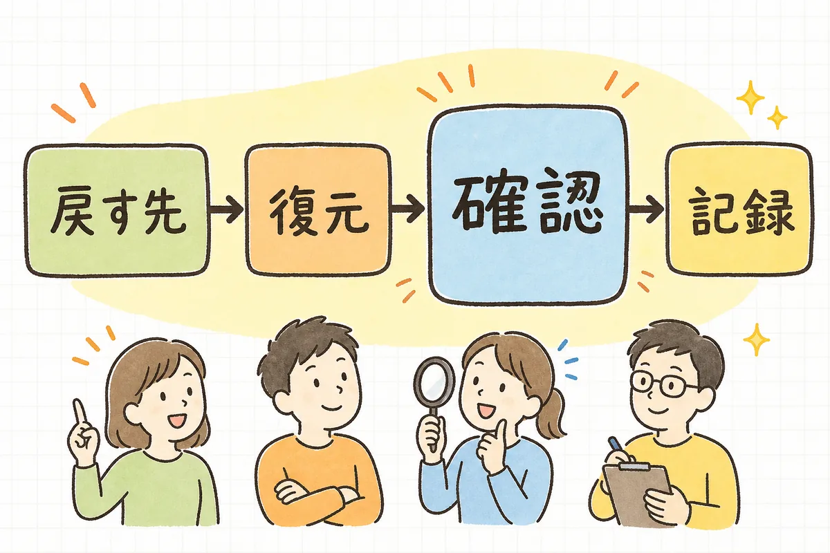 戻す先を用意し、復元し、動作を確認し、時間と手順を記録するという4つのステップを順番に進めるリストアテストの流れ図