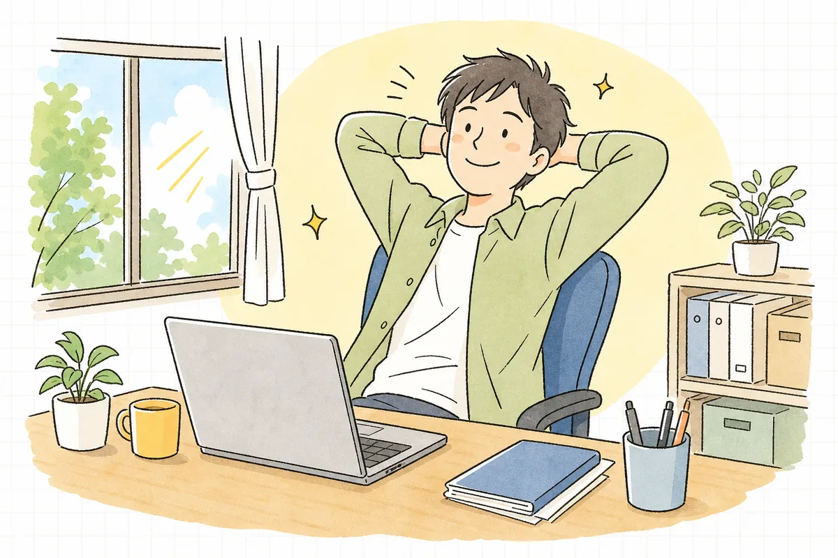 バックアップから実際に戻せることを確かめて、肩の力が抜けて安心した表情で前を向いている保守運用の担当者