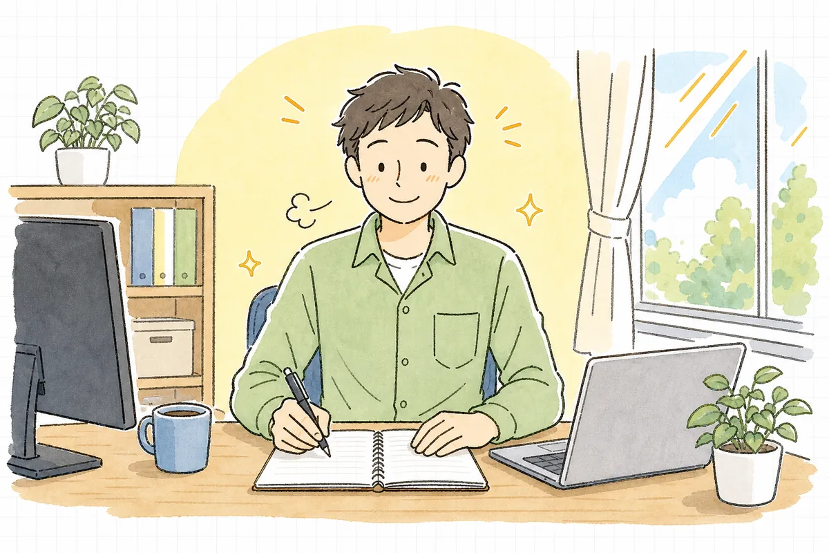 判断が止まっていた案件について相手と話がまとまり、決まった内容をメモに書き残して安心している保守運用の担当者