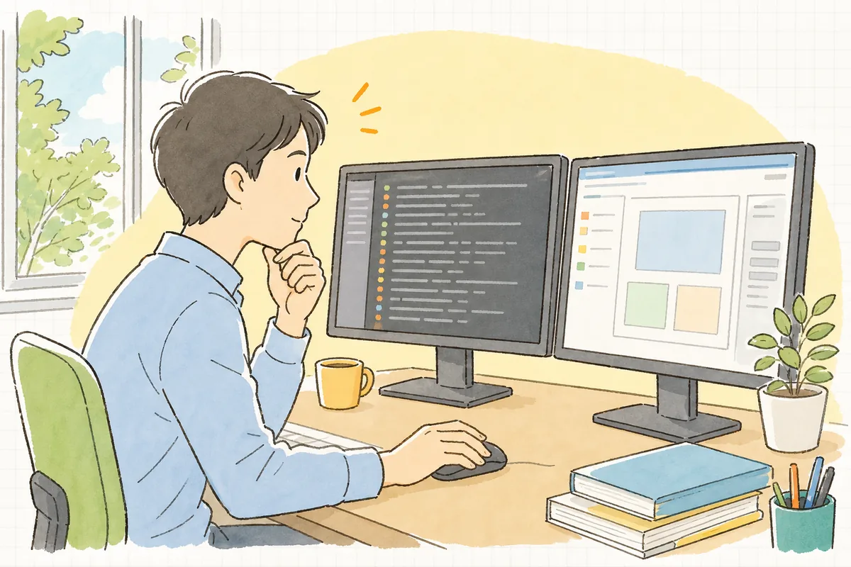 あいまいなバグ報告を前に、まず再現条件を落ち着いて書き出しながら原因への糸口を探している一人運用の保守担当者