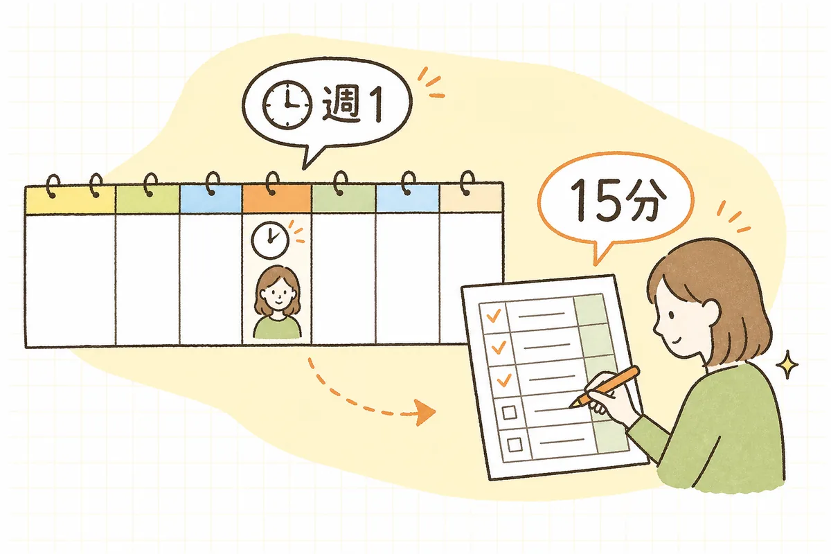 毎日ニュースに反応するのをやめ、週に一度15分の枠で入口を確認し優先度をつける、という無理のない習慣の流れを示した図