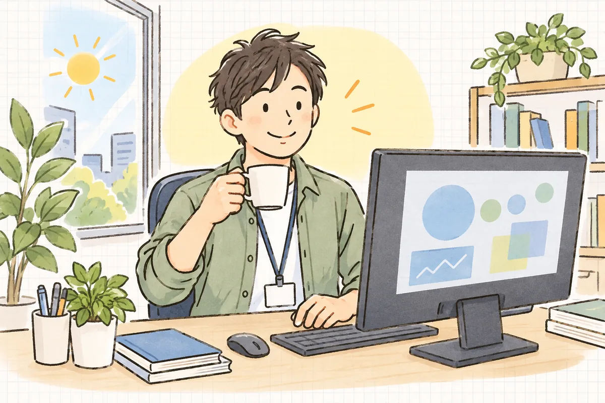 朝の通知を確かめて今日も数字が合っていると分かり、コーヒーを手に安心して一日を始める保守運用の担当者