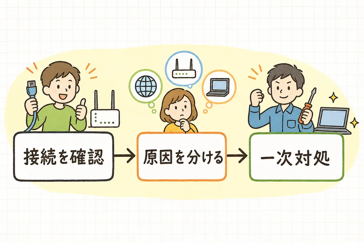 DBが詰まったとき、いまの接続を見て、枯渇かデッドロックかを分け、一次対処へ進む流れを示した図