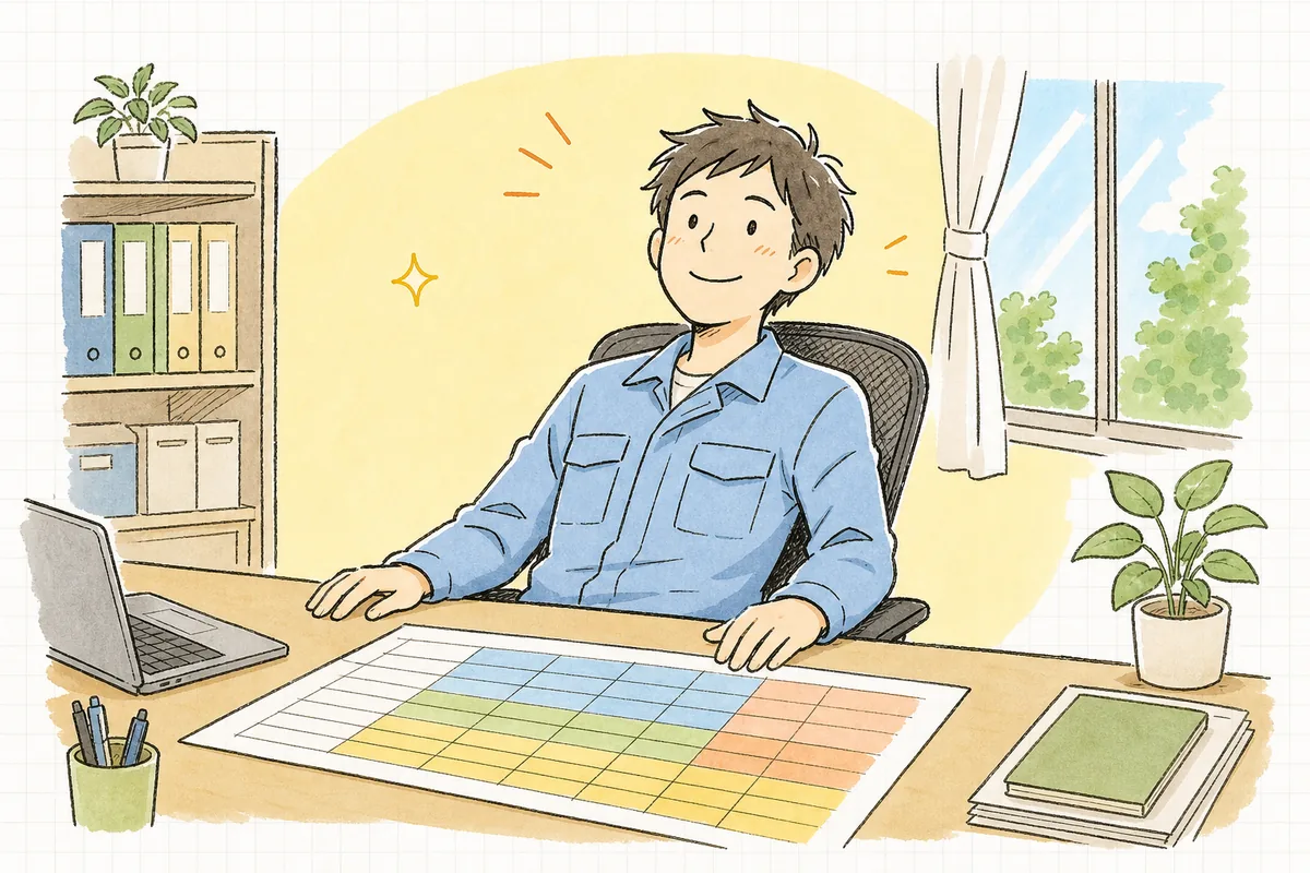 サポート状態を色分けした棚卸し表を仕上げて、これで全体が見えたと少しほっとした前向きな表情を見せる一人運用の保守担当者