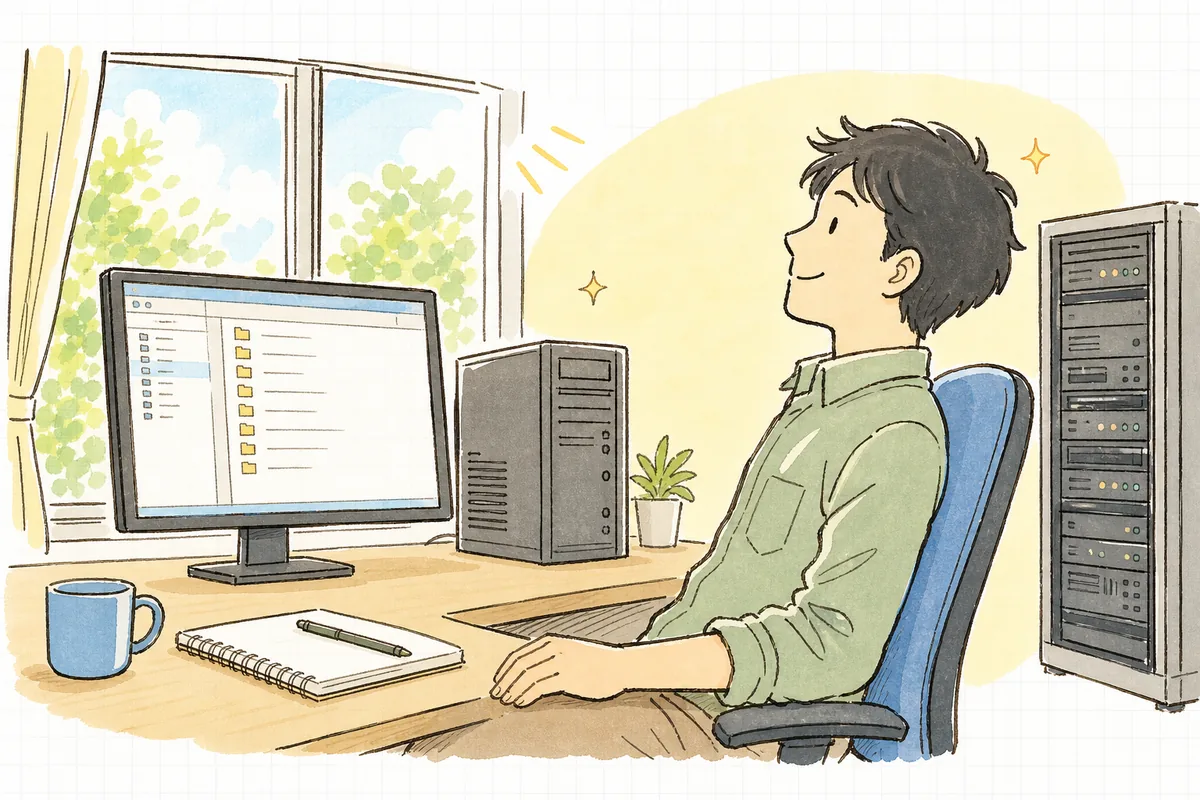 権限の見直しを終えて整った一覧を眺め、肩の力を抜いて穏やかな表情を見せる一人運用の保守担当者