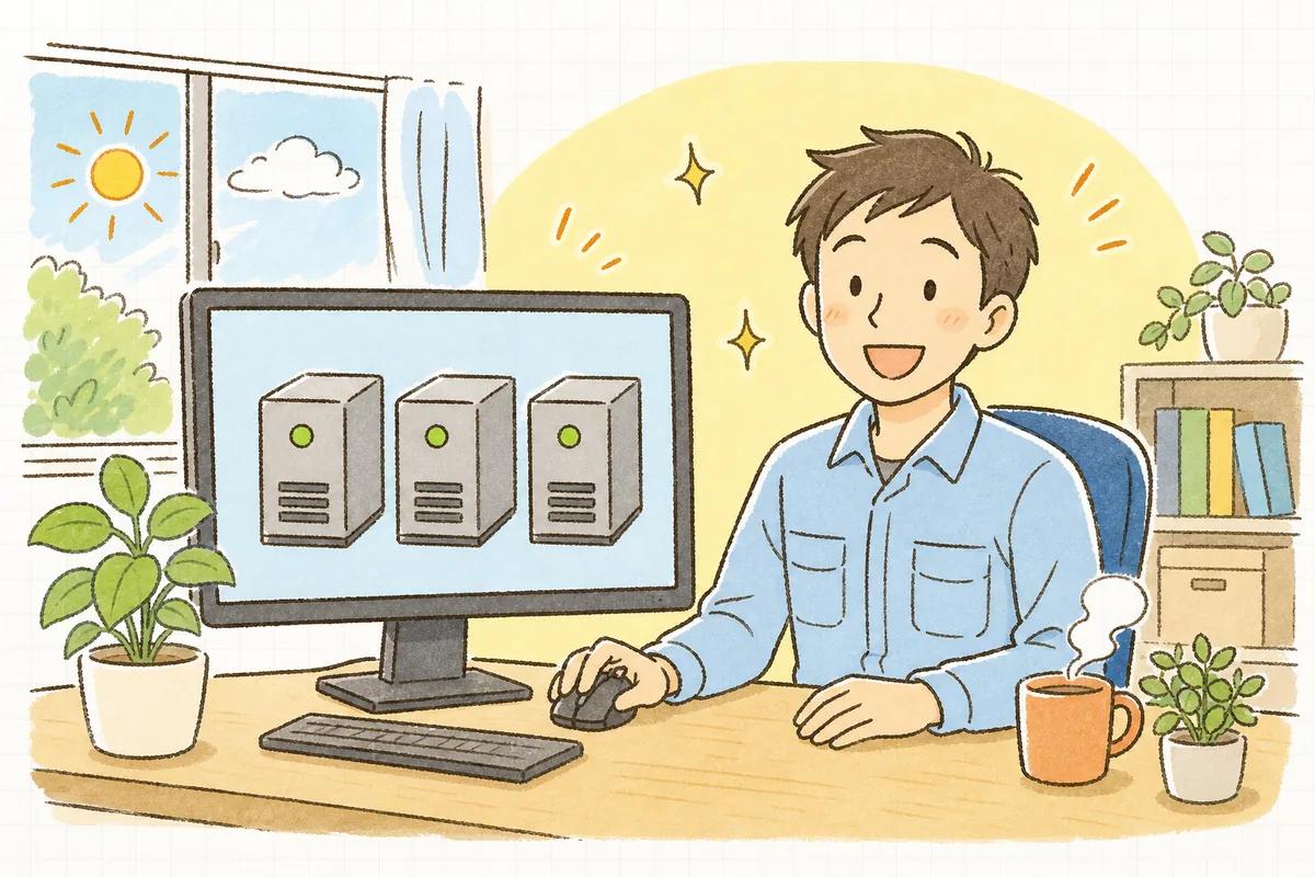 朝の明るいオフィスで、並んだサーバーの絵のすべてに緑のランプが灯った画面を見て、ほっとした笑顔を浮かべている保守運用の担当者