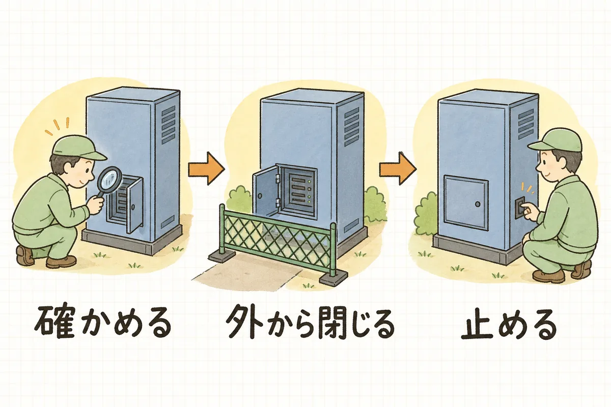 ポートを閉じる3つの段階を、左から右へ3つの場面で並べた図