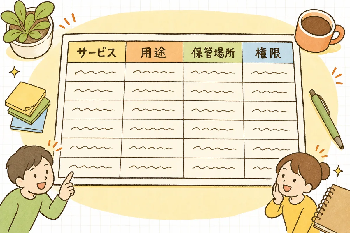 アカウント一覧に書く項目を、サービス名・用途・IDの場所・パスワードの保管場所・権限の列で並べたテンプレートの図