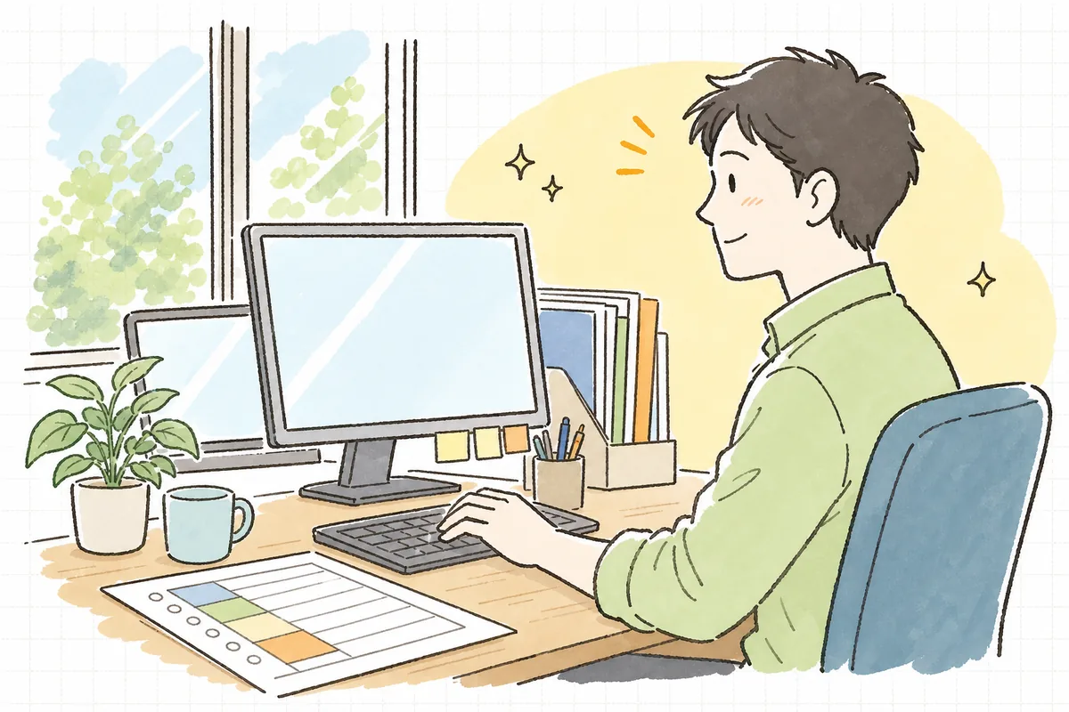 引き継ぎ資料を前に、まず「アカウント・連絡先・契約」の3つから書き出そうと落ち着いて手を動かし始めた一人運用の保守担当者