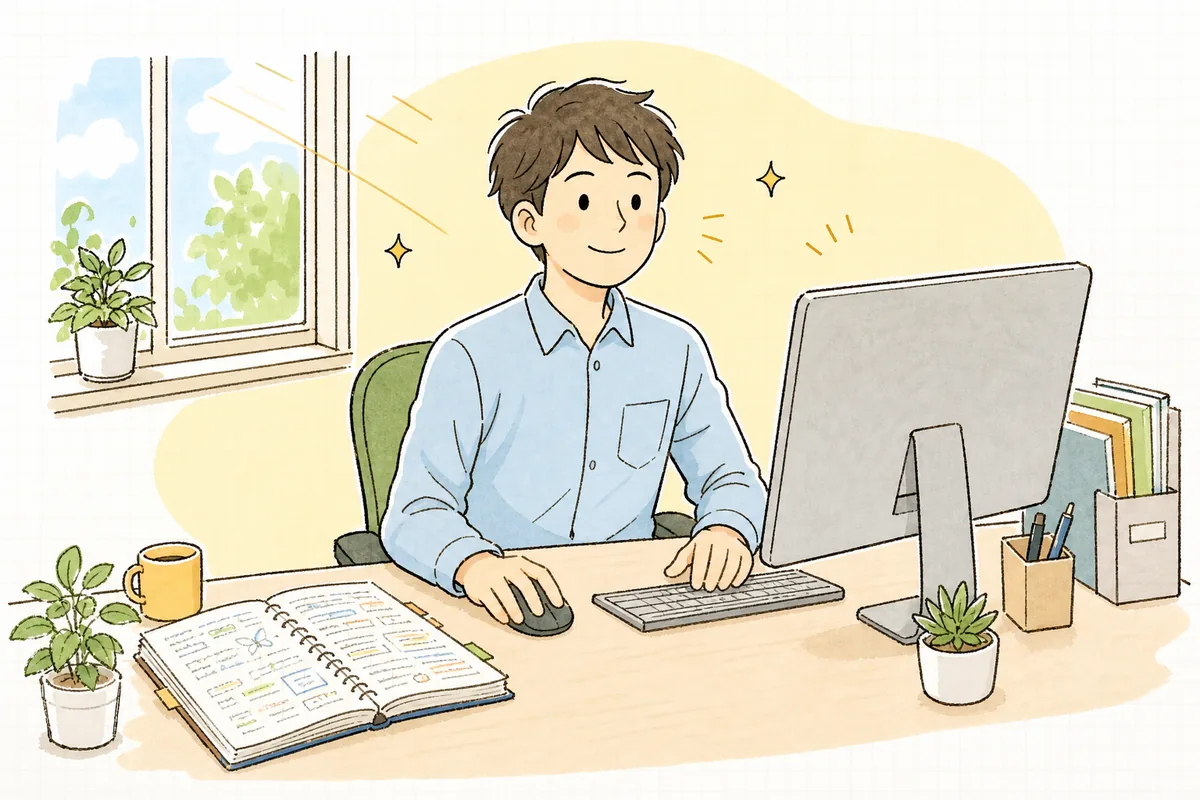 引き継ぎの質問メモが埋まり、ひとりでも回していけそうだと穏やかな表情でシステムの画面に向かう保守運用エンジニア