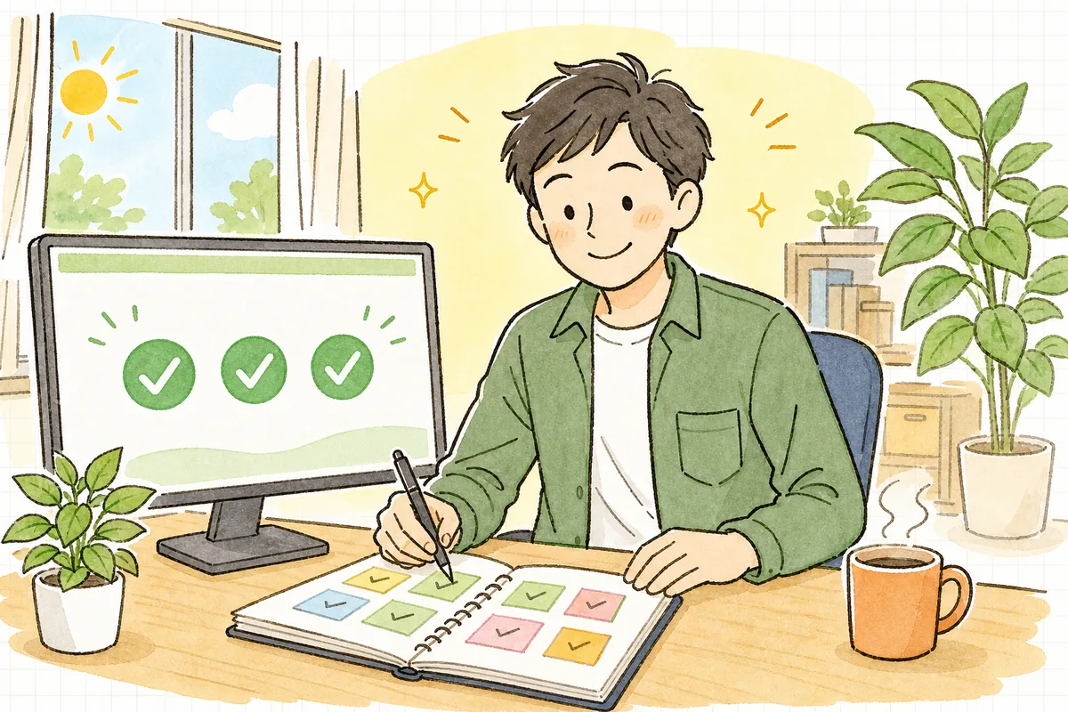朝の明るいオフィスで、ノートの付箋に完了の印をつけながら、落ち着いた笑顔でモニターを見ている保守運用の担当者
