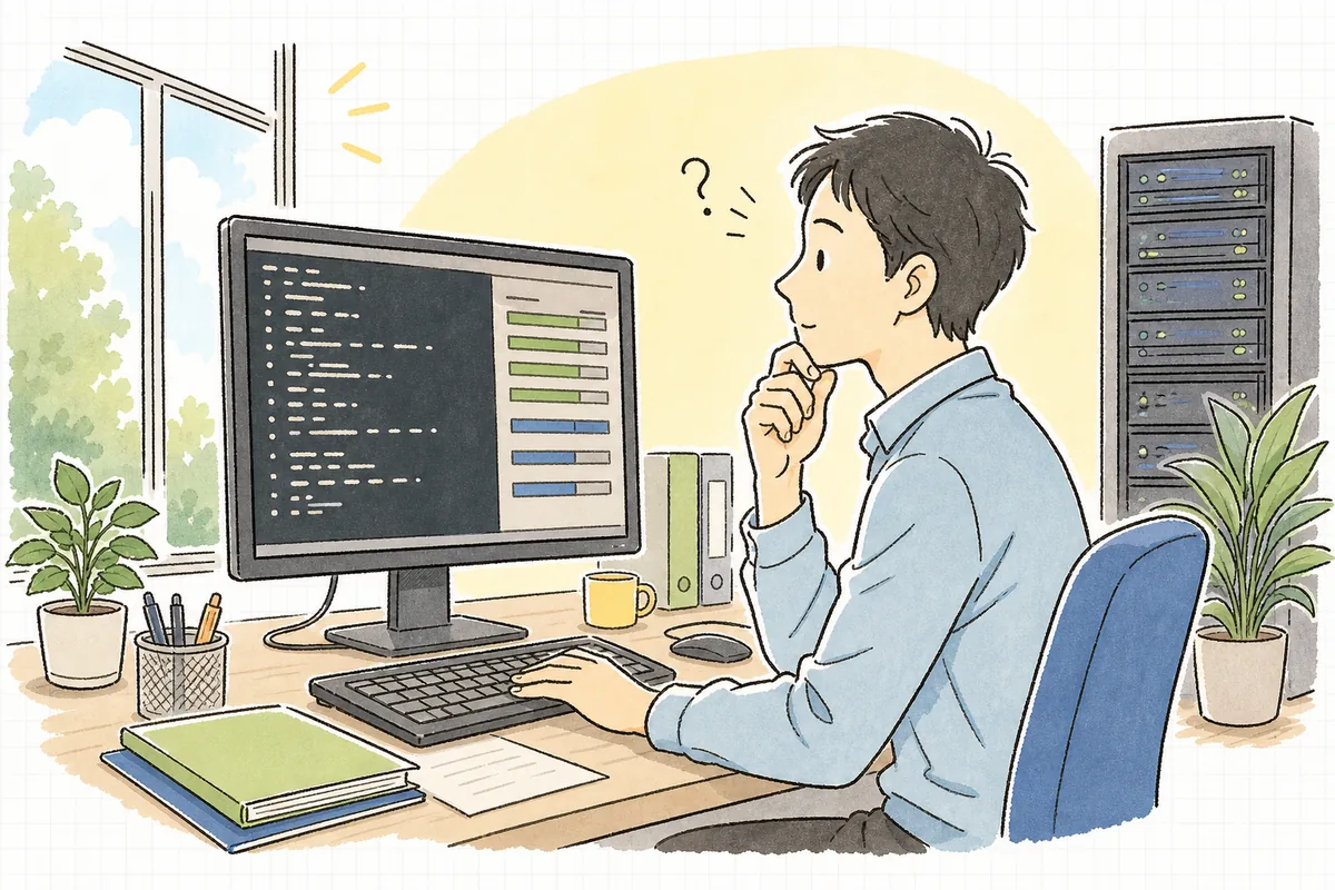 ディスク容量は空いているのに「No space left on device」と表示され、なぜ書き込めないのか落ち着いて原因を確かめようとしている一人運用の保守担当者