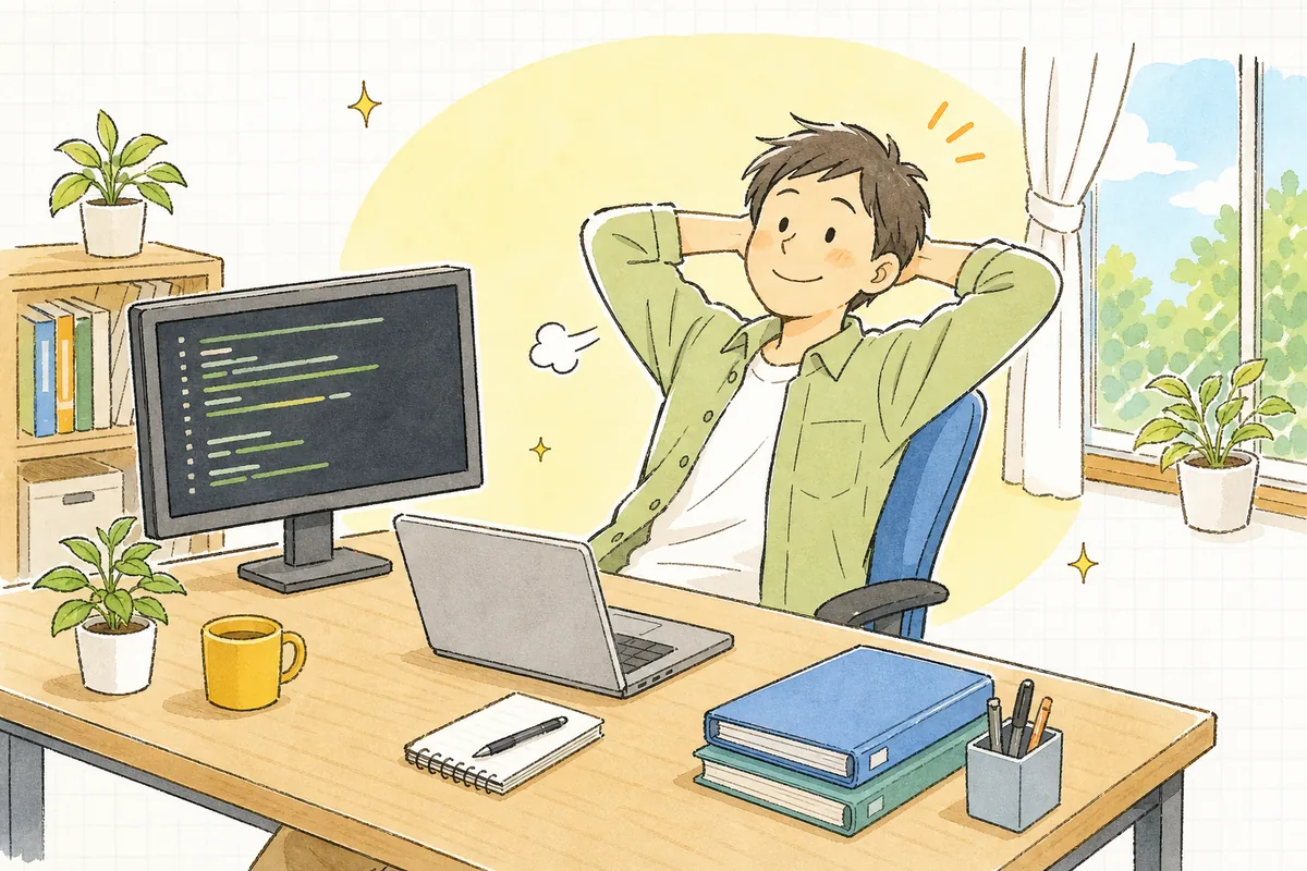 inode枯渇が原因と突き止めて掃除と監視を入れ終え、正常に書き込めるようになったサーバー画面を見て安心している保守運用の担当者