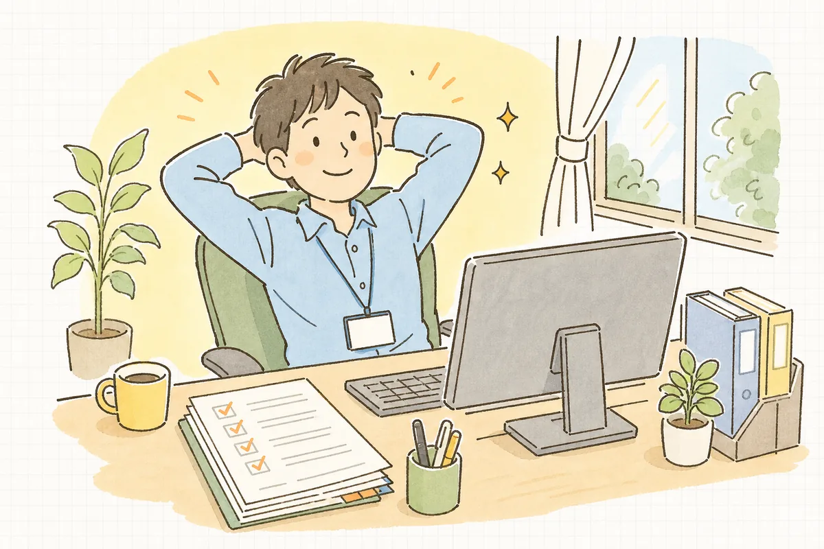 変更前の5つの確認を通し終え、安心して小さな改修に着手できると分かって前向きな表情を見せる一人運用の保守担当者
