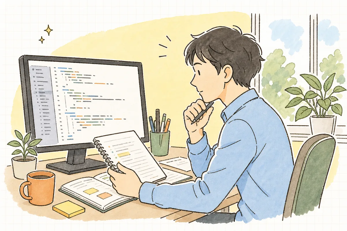 依頼された改修の見積もりを、影響範囲のメモと画面を見比べながら落ち着いて組み立てている一人運用の保守担当者