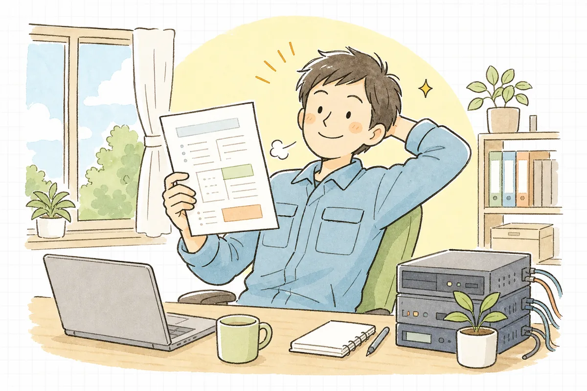 内訳を分けた見積もりを出し終え、根拠を持って落ち着いて相手に説明できると分かって前向きな表情を見せる保守運用の担当者