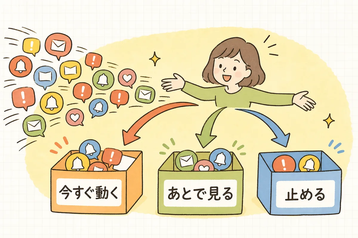 アラートを「今すぐ動く」「あとで見る」「止める」の3つに仕分ける考え方を示した分類の図