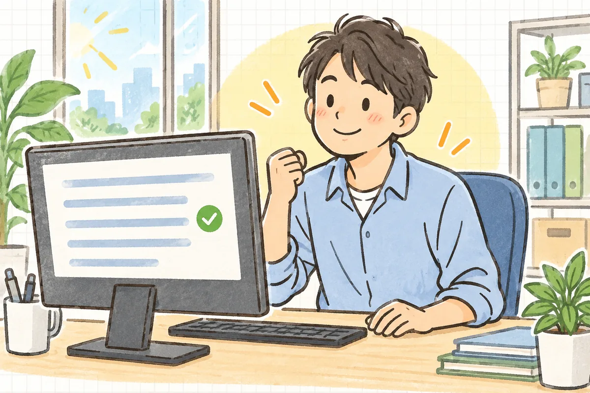 検証環境でバグの再現に成功し、原因が見えてほっとした表情でモニターを見つめる保守運用の担当者