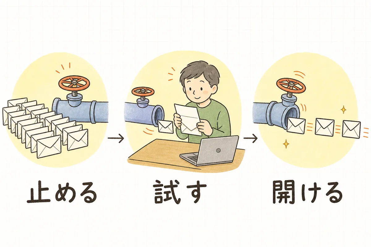 メール送信を含む改修を本番に反映するとき、送信を止める・自分宛の1通で試す・少しずつ開ける、の3段階を左から順に進めることを示した手順図