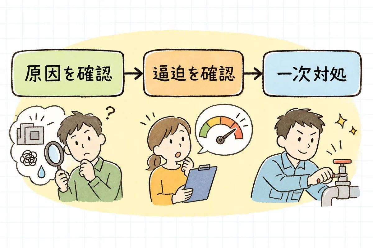 プロセスが消えたとき、OOMだったかを確かめ、いまの逼迫を見て、一次対処へ進む流れを示した図