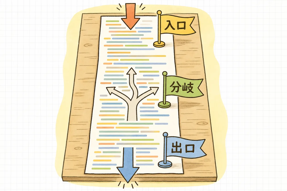 長い巻物のようなコードを上から見下ろし、上端に入ってくる矢印、途中に枝分かれする道、下端から出ていく矢印の3か所に旗が立っている地図のような図