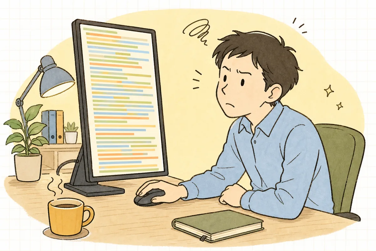 夜のオフィスで、どこまでも続く長いコードが映ったモニターを前に、スクロールの手を止めて考え込んでいる保守運用の担当者