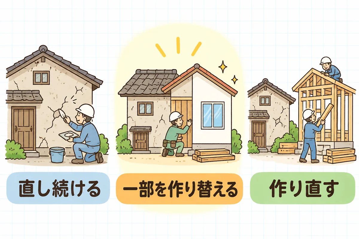 古いシステムへの向き合い方として、直し続ける・部分的に作り替える・作り直すの3つの道を左から順に並べた図
