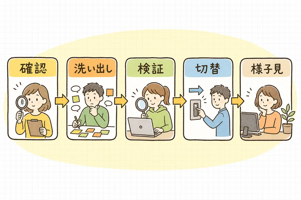 現状確認→リスク洗い出し→検証環境で試す→本番切り替え→様子見、というPHPバージョンアップの5ステップの流れを示した図