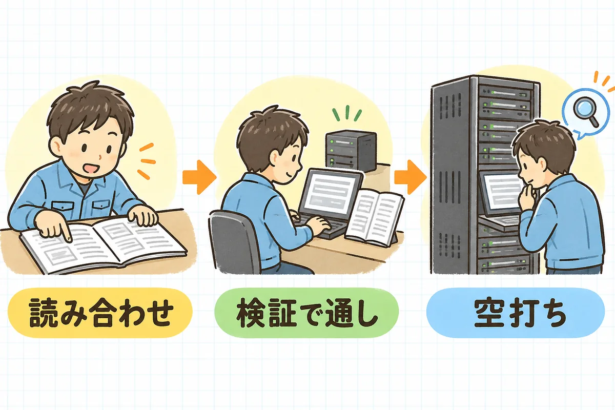 左に手順書を読み合わせる担当者、中央に検証環境で手順を実行する担当者、右に本番サーバーで変更せずに結果だけを確かめる担当者を並べた、ドライラン3段階の図