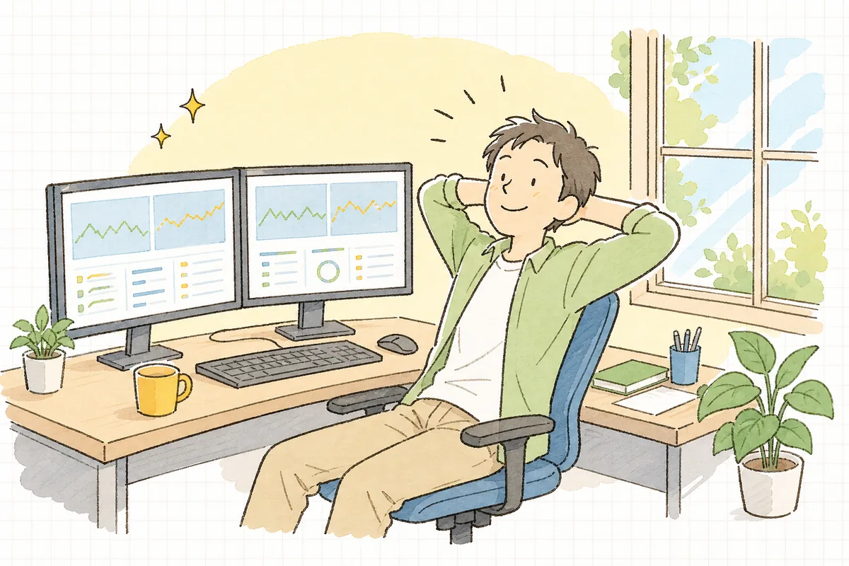 再起動後の確認を一通り終え、監視のグラフが落ち着いたのを見届けて、静かに安心している一人運用の保守担当者