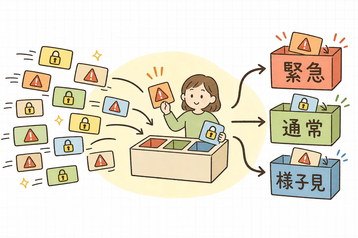 届いた脆弱性情報を「影響あり×緊急」「影響あり×通常」「影響なし・様子見」の3つに仕分ける優先度づけの図
