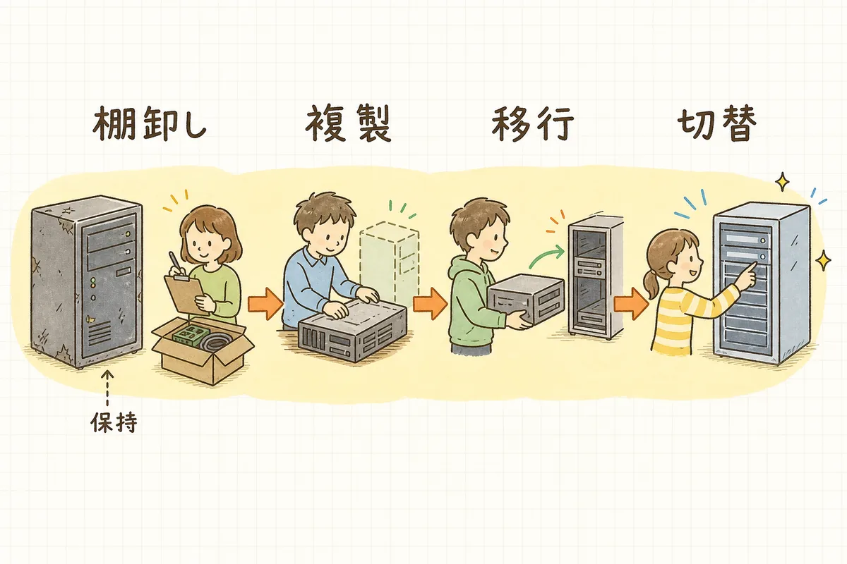旧サーバーの中身を棚卸しし、同じ構成を新サーバーに用意して、データを移し、向き先を切り替えるという移行の流れを示した図