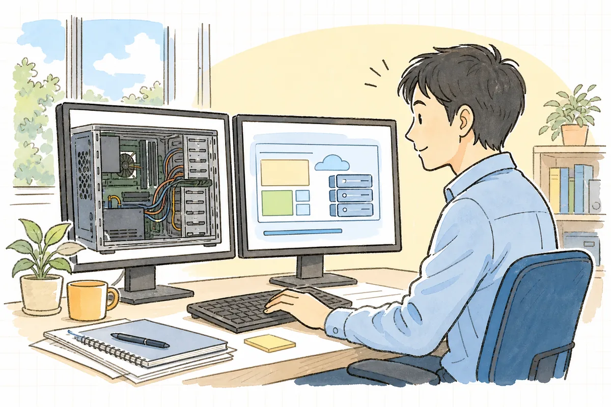 何年も動かしてきた古いサーバーと新しい移行先を見比べながら、今あるものを一つずつ書き出して落ち着いて移行の段取りを組んでいる一人運用の保守担当者