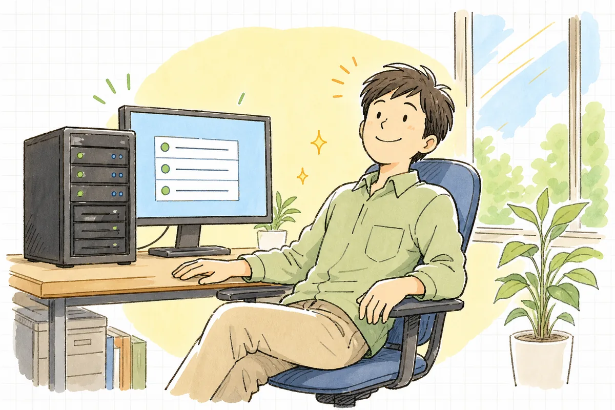 移行を無事に終え、新しいサーバーが安定して動いているのを確認して、肩の力が抜けて穏やかな表情になった一人運用の保守担当者