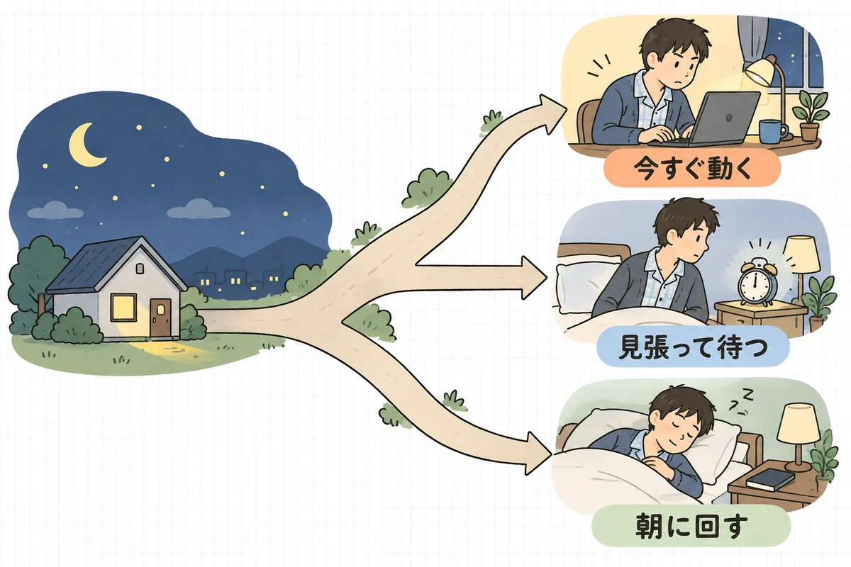 深夜のアラートを4つの問いで見立て、「今すぐ動く」「見張りつつ待つ」「朝に回す」の3つの行き先に振り分ける流れの図
