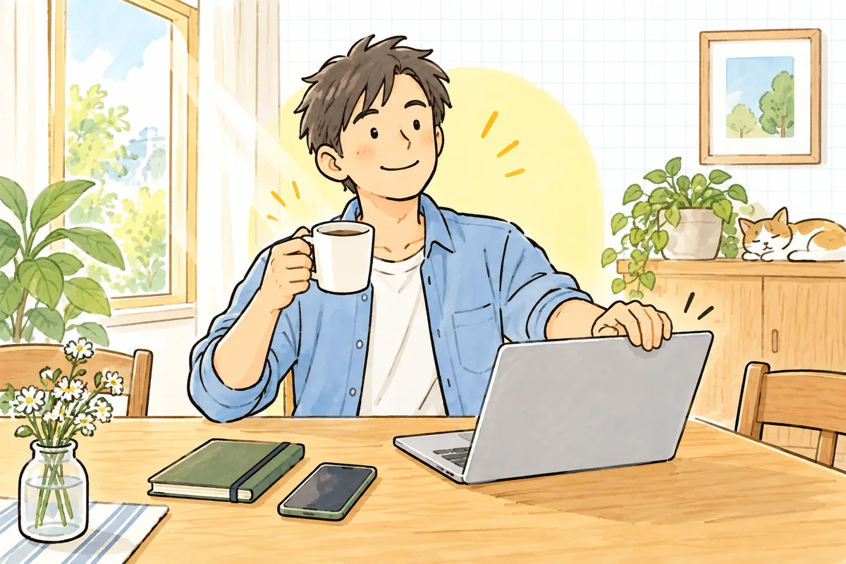 朝の明るい部屋で、よく眠れた様子でコーヒーを片手に穏やかな表情でノートパソコンを開く保守運用担当者