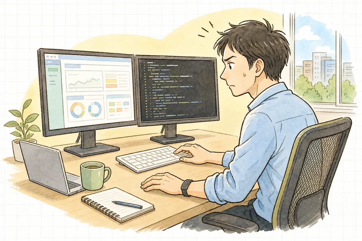 「サイトが重い」と連絡を受けて、ターミナルとデータベースの管理画面を並べて開き、どこから見るか考えている一人運用の保守担当者