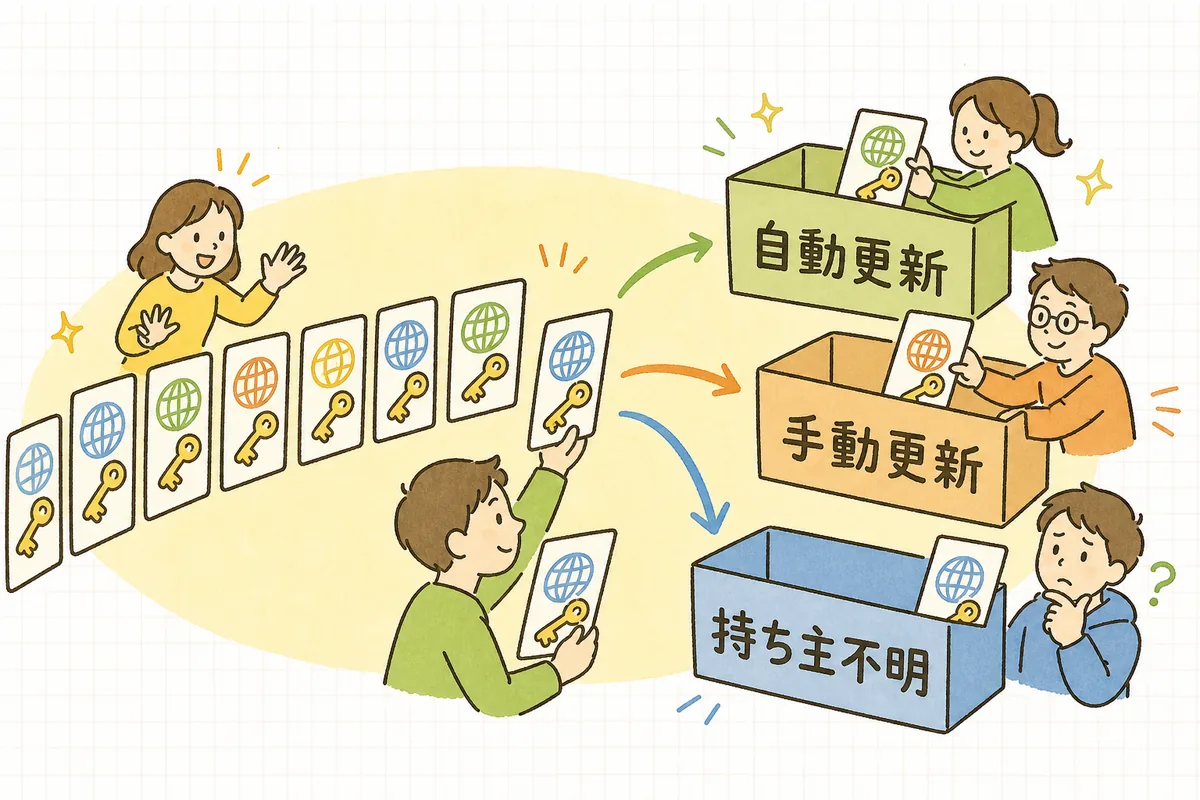 証明書を「自動更新できる」「手動更新が必要」「持ち主不明」の3つに仕分ける棚卸しの考え方を示した図