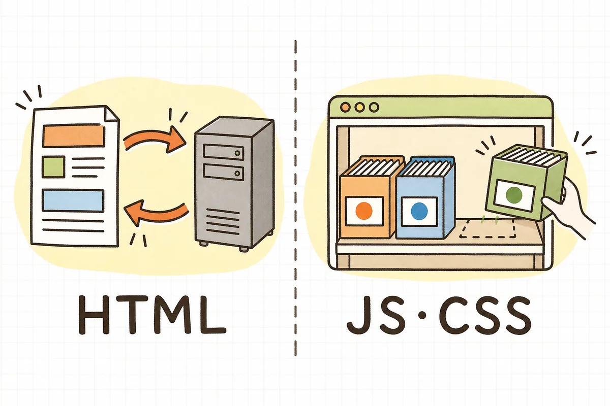 左側にHTMLのページが毎回サーバーへ確認に行く様子、右側にファイル名に印のついたJS・CSSのファイルがブラウザの棚に長く保管されている様子を並べた図