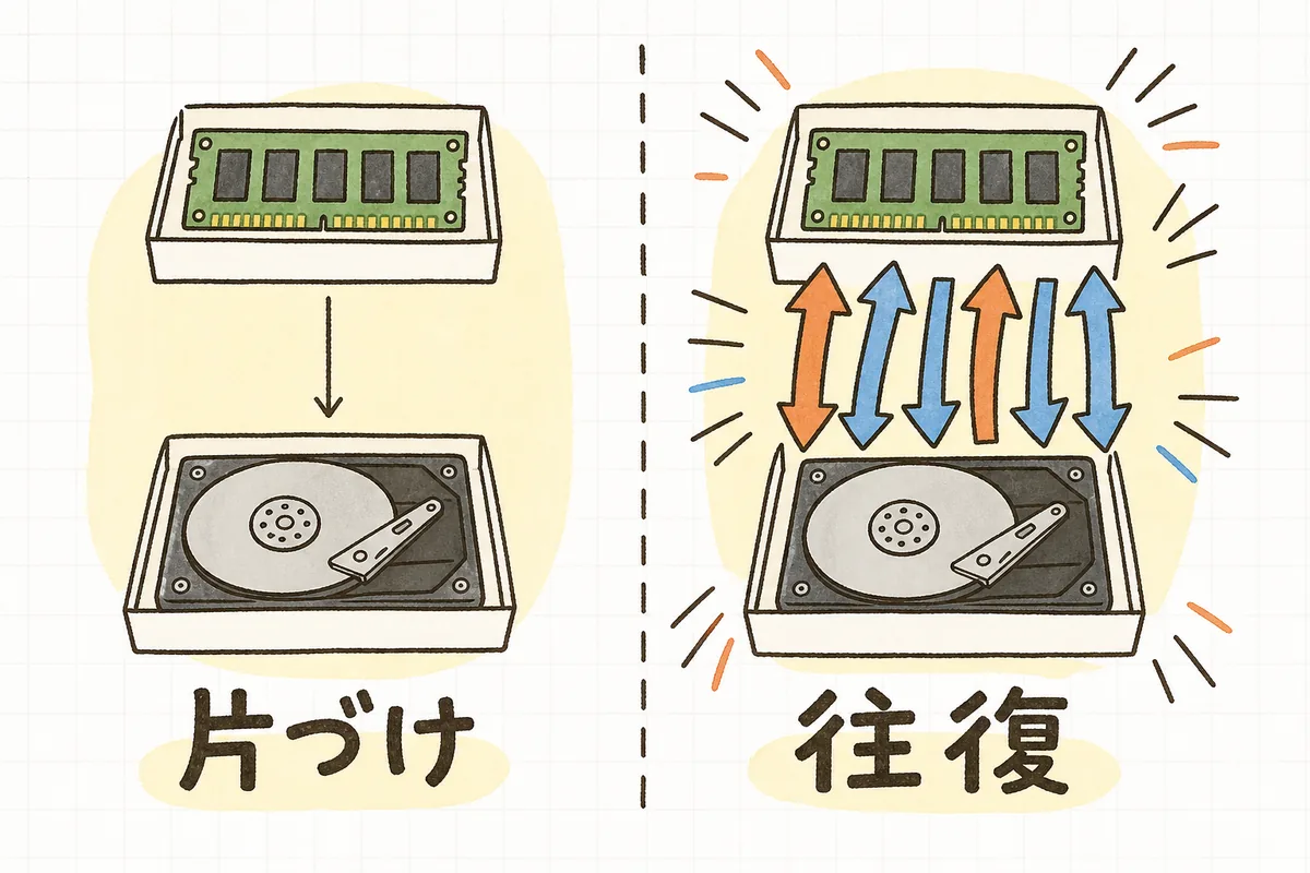 メモリからディスクのスワップ領域へデータが退避されるだけの状態と、メモリとスワップの間を往復し続けて遅くなる状態を比べた図