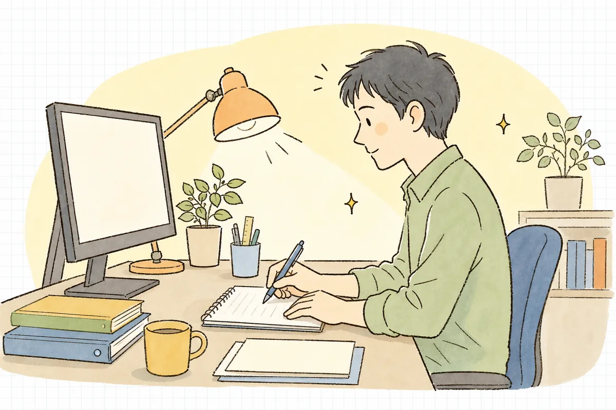 退職・異動を前に、一人で保守してきたシステムの引き継ぎ資料を落ち着いて書き出している保守運用エンジニア