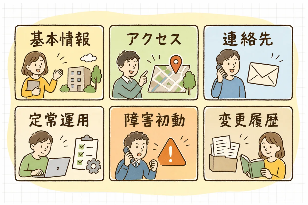 運用ドキュメントに書く6つのブロック「基本情報」「アクセス」「連絡先」「定常運用」「障害初動」「変更履歴」を並べて示した図