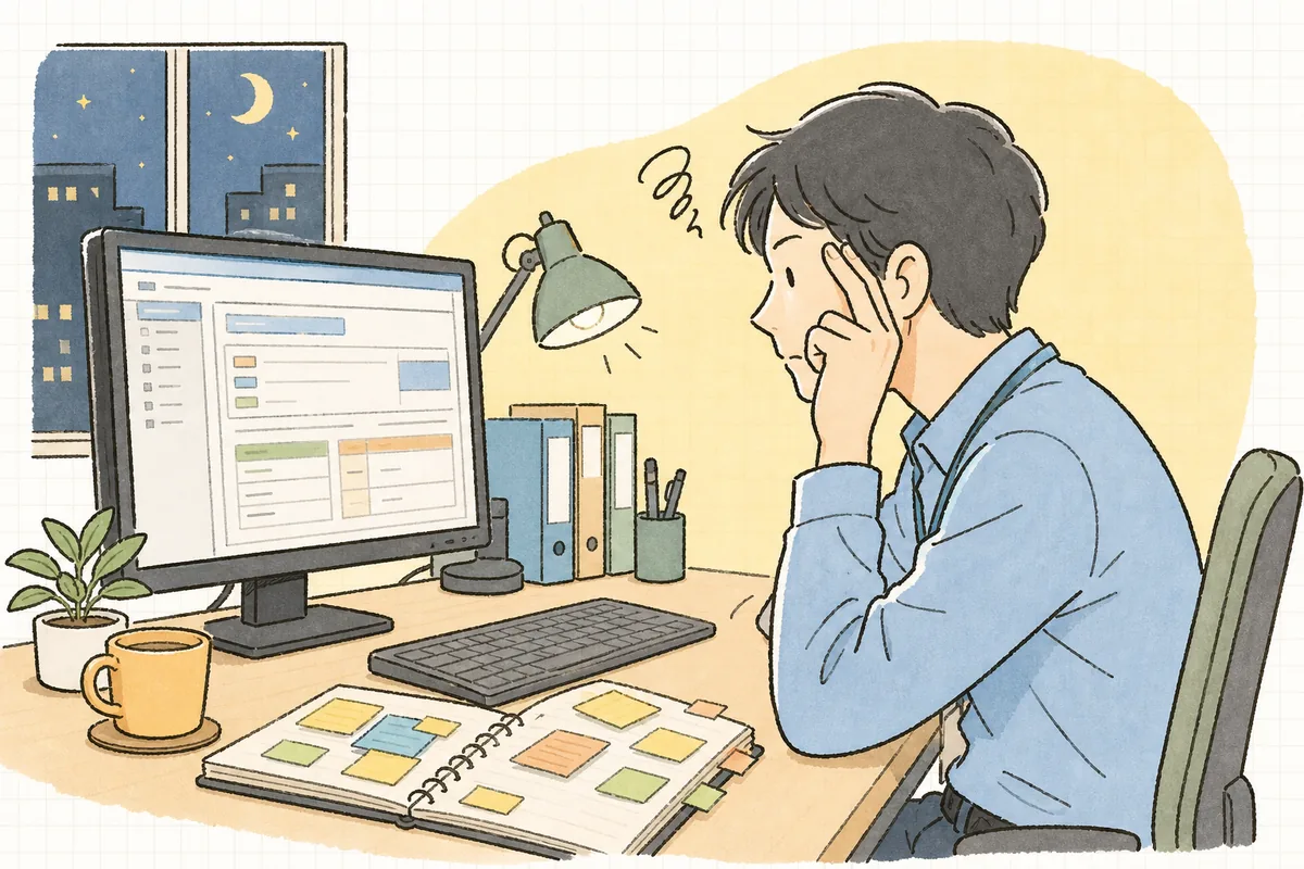 夜のオフィスで、運用ドキュメントがなく必要な情報を探せずに手を止めている一人運用の保守担当者