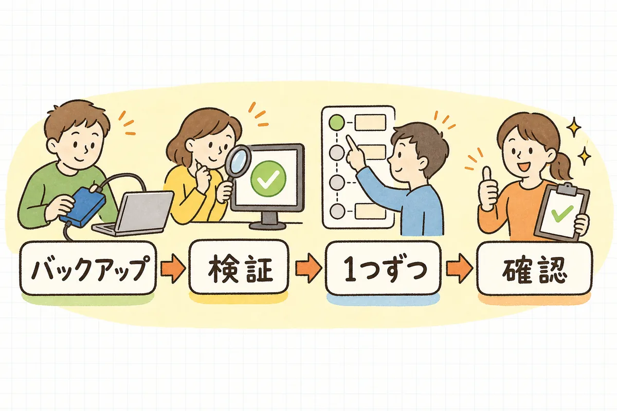 バックアップ→検証環境で試す→本番を1つずつ更新→確認、という更新を壊さない4ステップの流れを示した図