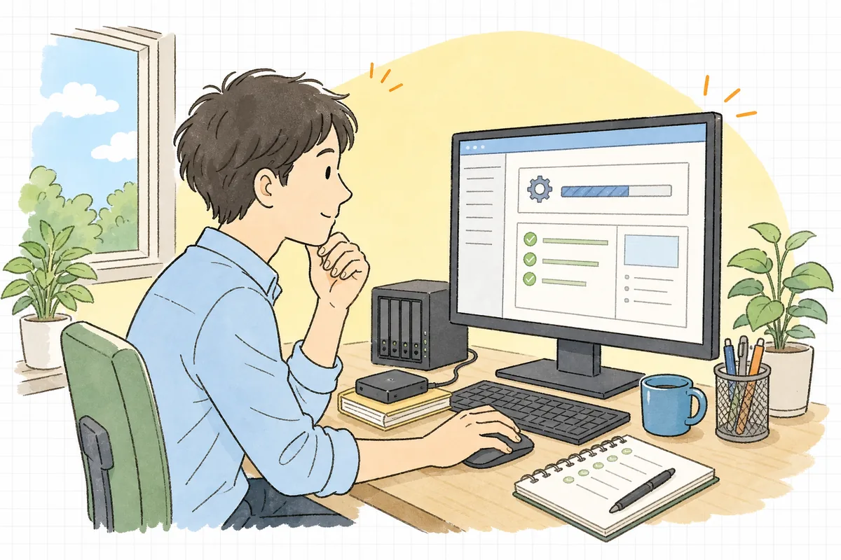 更新前にバックアップと検証環境を用意し、落ち着いてプラグイン更新に取りかかろうとしている一人運用の保守担当者