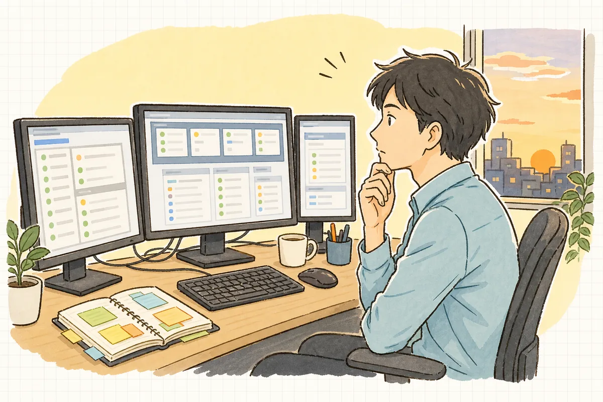 一人で複数のシステム運用を抱え、これは自分にしか分からないと気づいて静かに考え込んでいる保守運用担当者